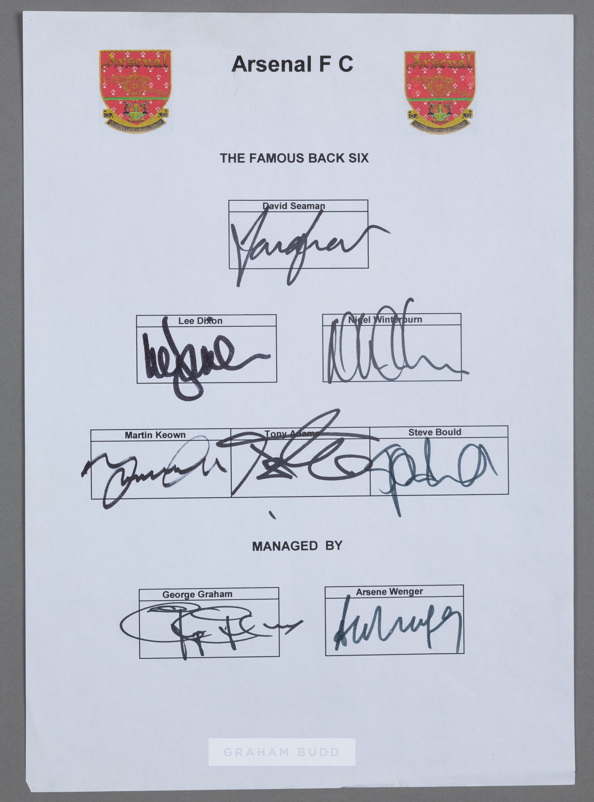 Arsenal the Famous Back Six autograph sheet, including David Seaman, Lee Dixon, Nigel