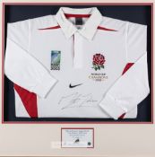 Martin Johnson signed England World Cup Champions 2003 jersey display, white Nike jersey with
