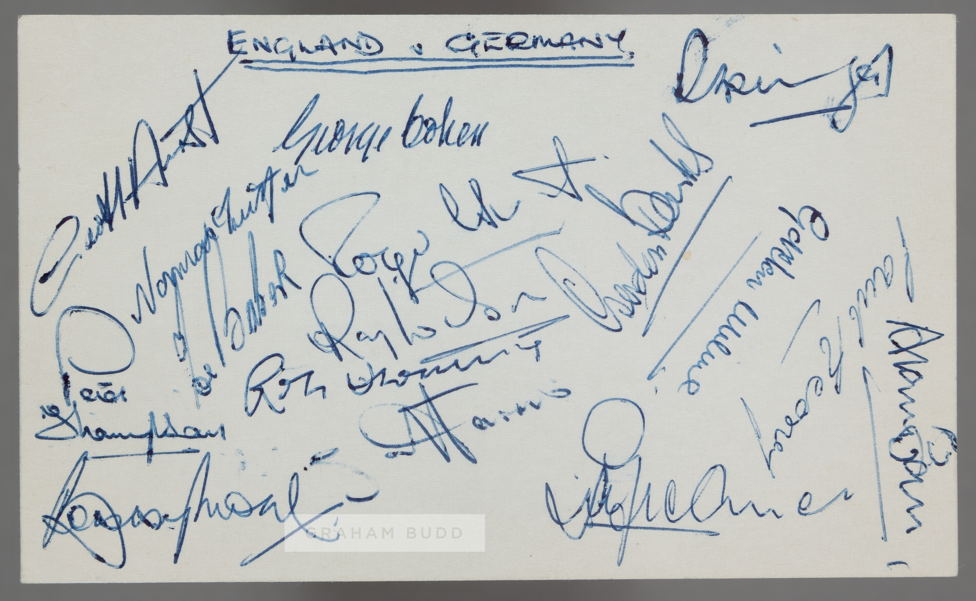 ENGLAND v GERMANY 23rd FEB 1966 ENGLAND TEAM AUTOGRAPHED POSTCARD INC BOBBY MOORE, JIMMY GREAVES,