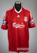 Fernando Torres red Liverpool no.9 home jersey, season 2008-09, Adidas, short-sleeved with