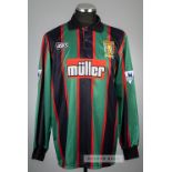 Neil Cox green, red and black Aston Villa no.17 away jersey, season 1993-94, Asics, long-sleeved