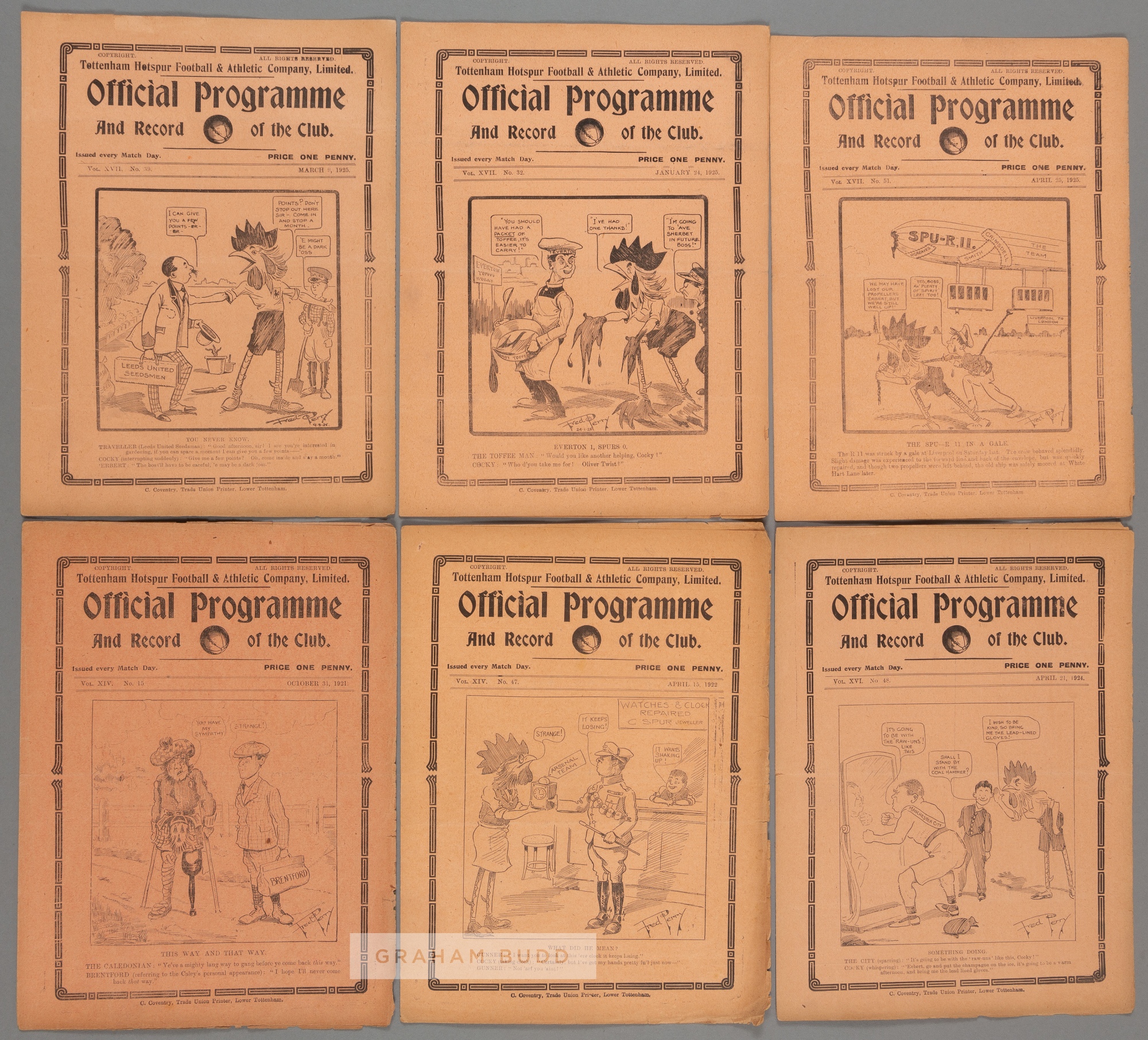 Six Tottenham Hotspur 1920s home programmes, v Brentford 31st October 1921 (London Challenge Cup