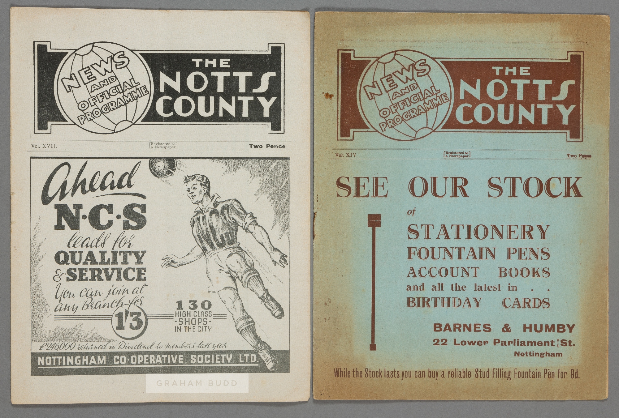 Two Notts County 1930s home programmes, F.L. Division Two v Sheffield United 23rd February 1935 and