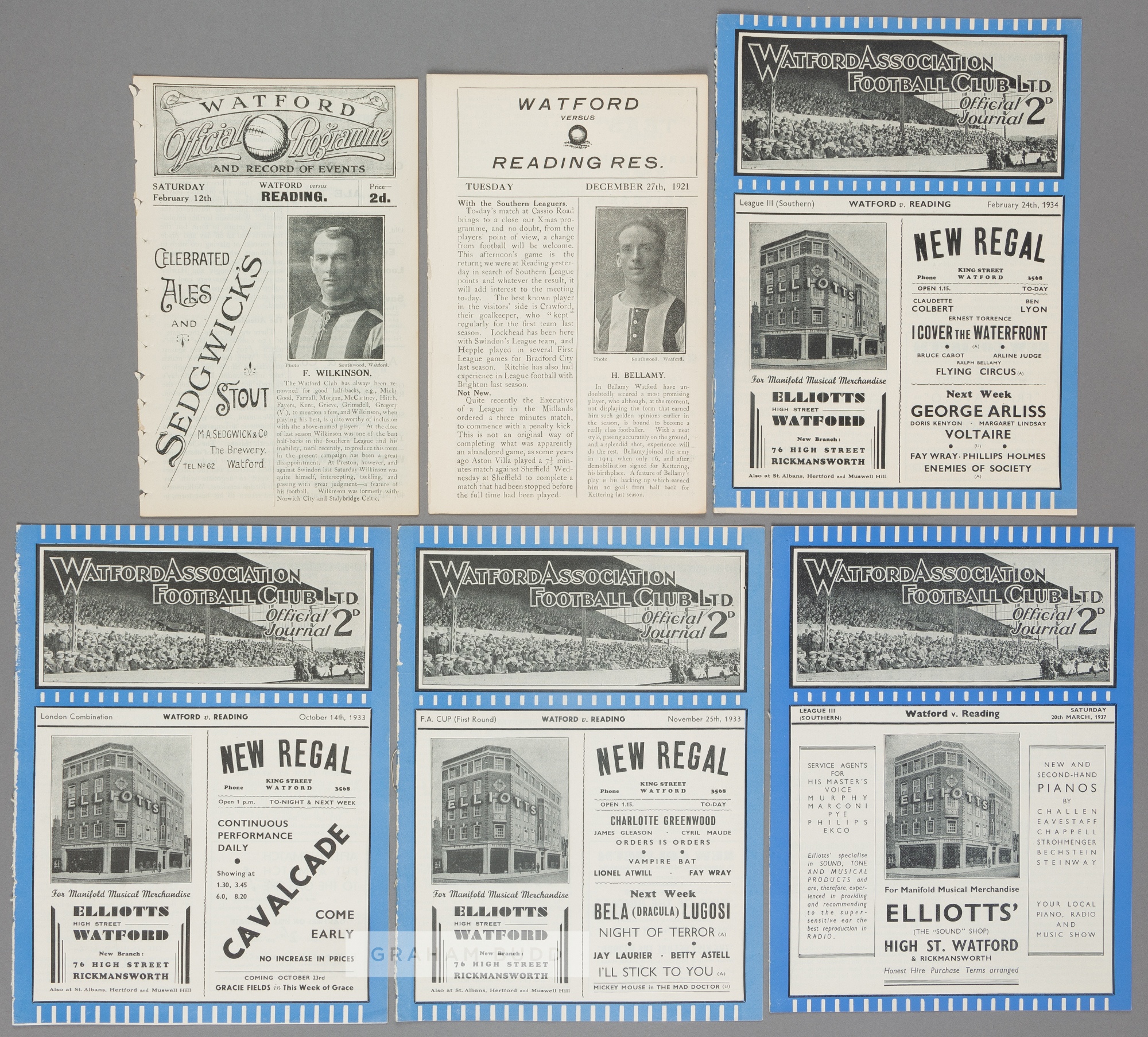 Six Watford v Reading programmes, Southern F.L. Division One 12th February 1920 (ex-binder, covers