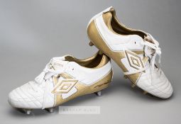 A sample pair of Chelsea's John Terry signed Umbro FA10 football boots, white and gold leather boots