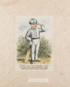 Victorian watercolour of a boy cricketer, dated 1867, featuring a boy cricketer holding his bat with