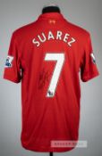 Luis Suarez signed red Liverpool no.7 home jersey, season 2012-13, Warrior, short-sleeved with