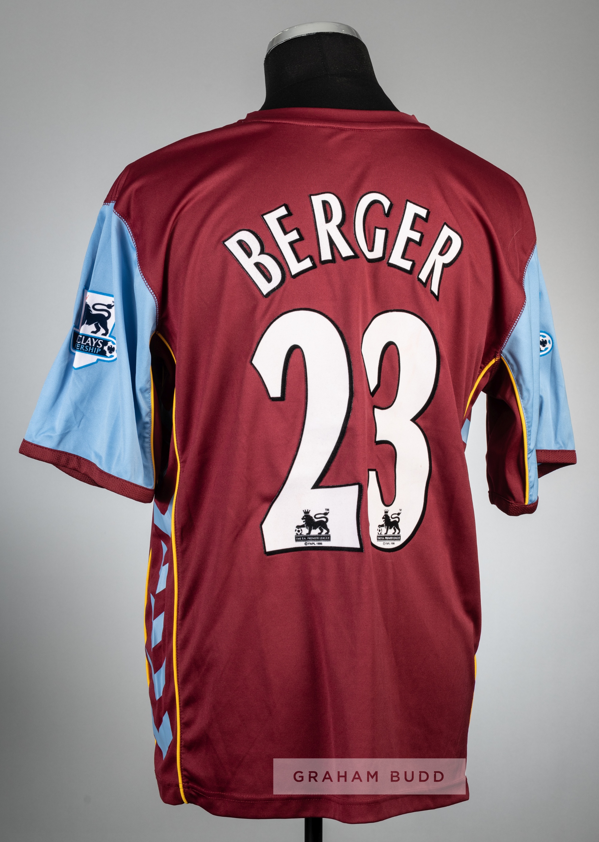 Patrik Berger claret and blue Aston Villa no.23 home jersey, season 2005-06, Hummel, short-sleeved