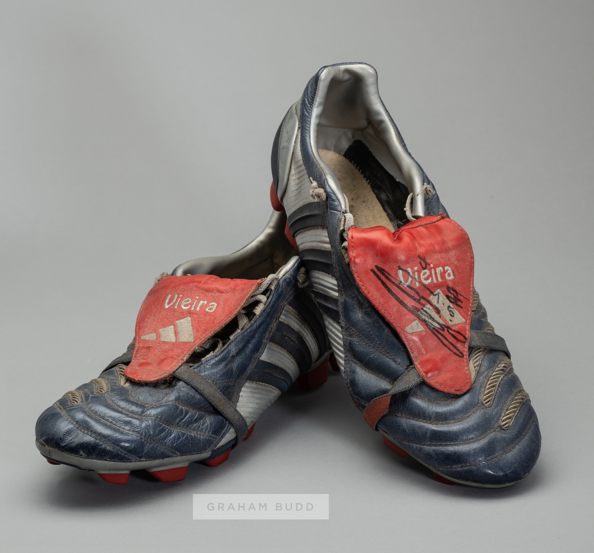 Patrick Vieira signed Adidas Traxion football boots,  training ground worn blue, silver and red with