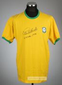 Carlos Alberto signed yellow Brazil retro jersey,  short-sleeved with national emblem badge, un-