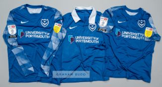 Three blue Portsmouth football jerseys, Season 2020-21, comprising signed blue Ryan Williams no.7