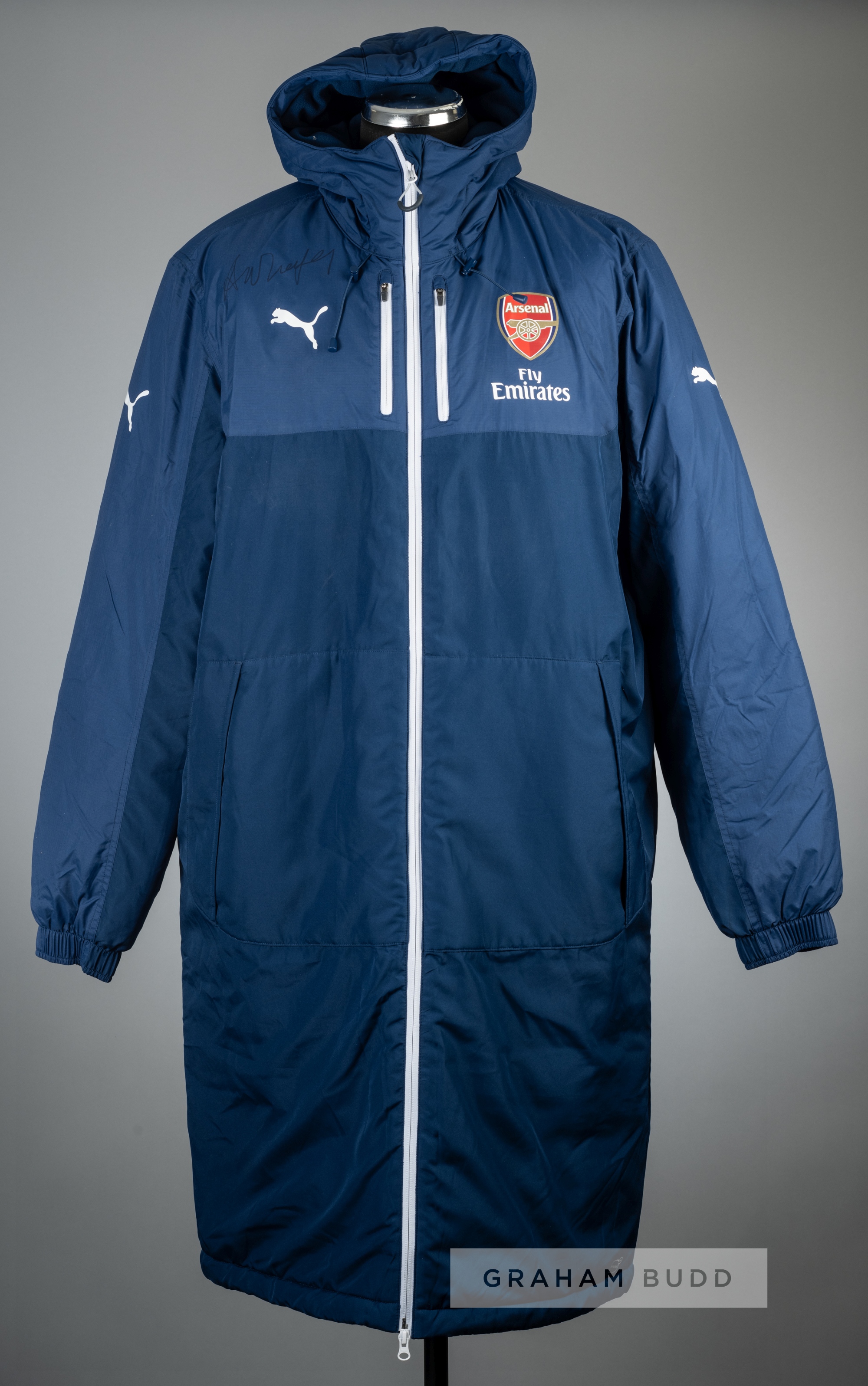 Arsene Wenger blue Arsenal Puma padded bench match day coat, circa 2014/15, full length padded