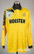 Paul Allen yellow Tottenham Hotspur no.11 away jersey, season 1991-92, Umbro, long-sleeved with