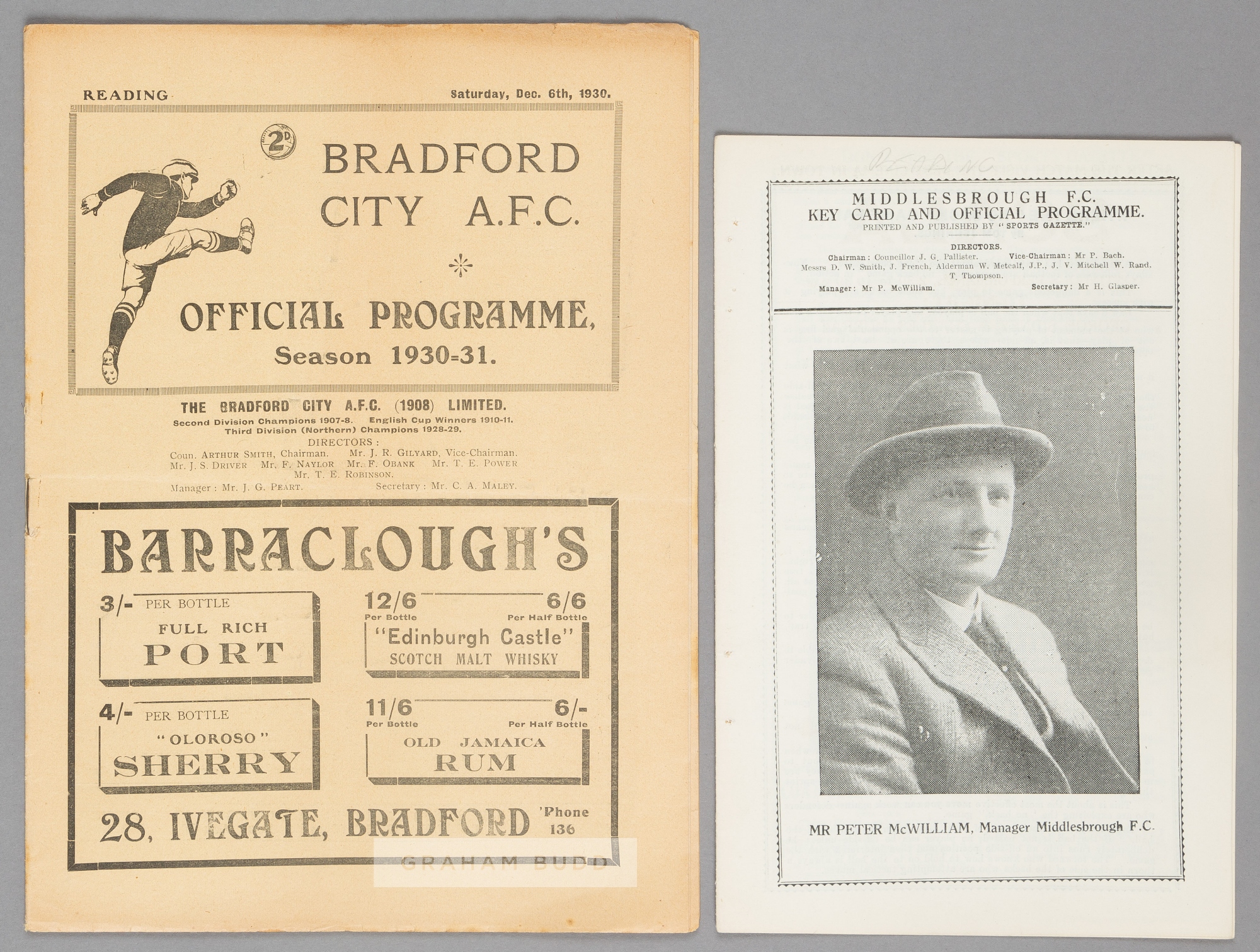 Two Reading away programmes, F.L. Division Two fixtures at Bradford City 6th December 1930; and