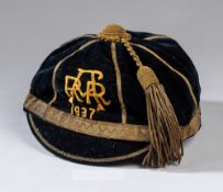 Auckland Rugby Union representative cap, 1937, navy velvet cap with gilt tassel and braiding,