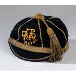 Auckland Rugby Union representative cap, 1937, navy velvet cap with gilt tassel and braiding,