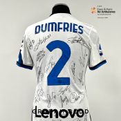 Denzel Dumfries squad signed white and blue FC Inter no.2 away jersey, season 2021-22, match-
