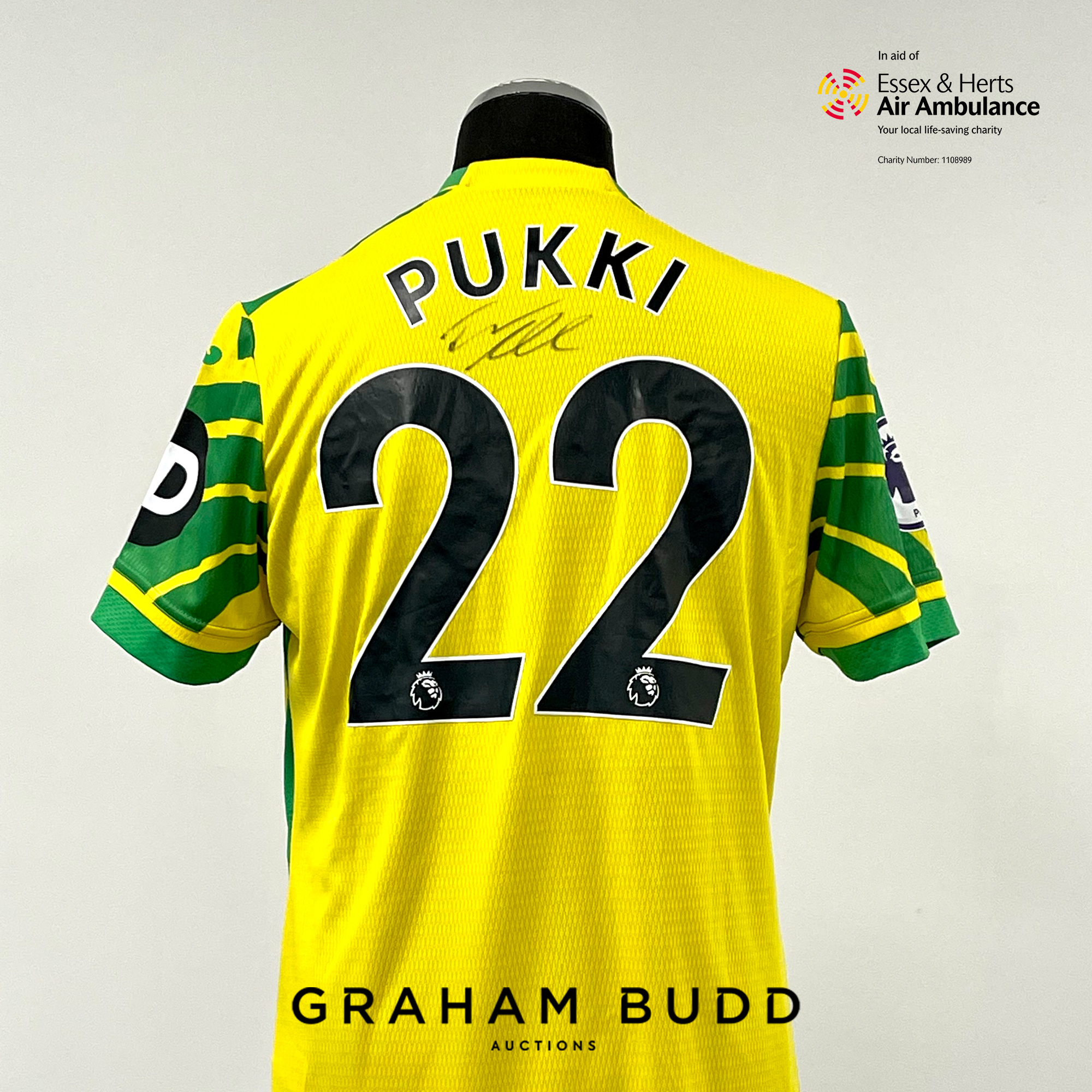 Teemu Pukki signed yellow and green Norwich City Replica no.22 home jersey, season 2021-22, Joma,