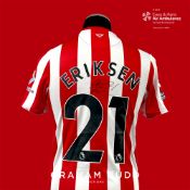 Christian Eriksen signed red and white striped Brentford no.21 home jersey, season 2021-22, match-