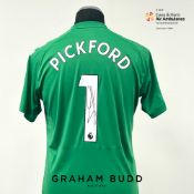 Jordan Pickford signed green Everton no.1 goalkeeper's away jersey, season 2021-22, match-issue,