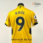 Raul Jimenez yellow and black Wolverhampton Wanderers no.9 home jersey, season 2021-22, match-issue,