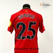 Emmanuel Dennis signed green Watford no.25 away jersey, season 2021-22, match-issue, Kelme, short-
