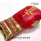 British boxer Joe "Juggernaut" Joyce signed glove, red and gold left glove embroidered with JOE
