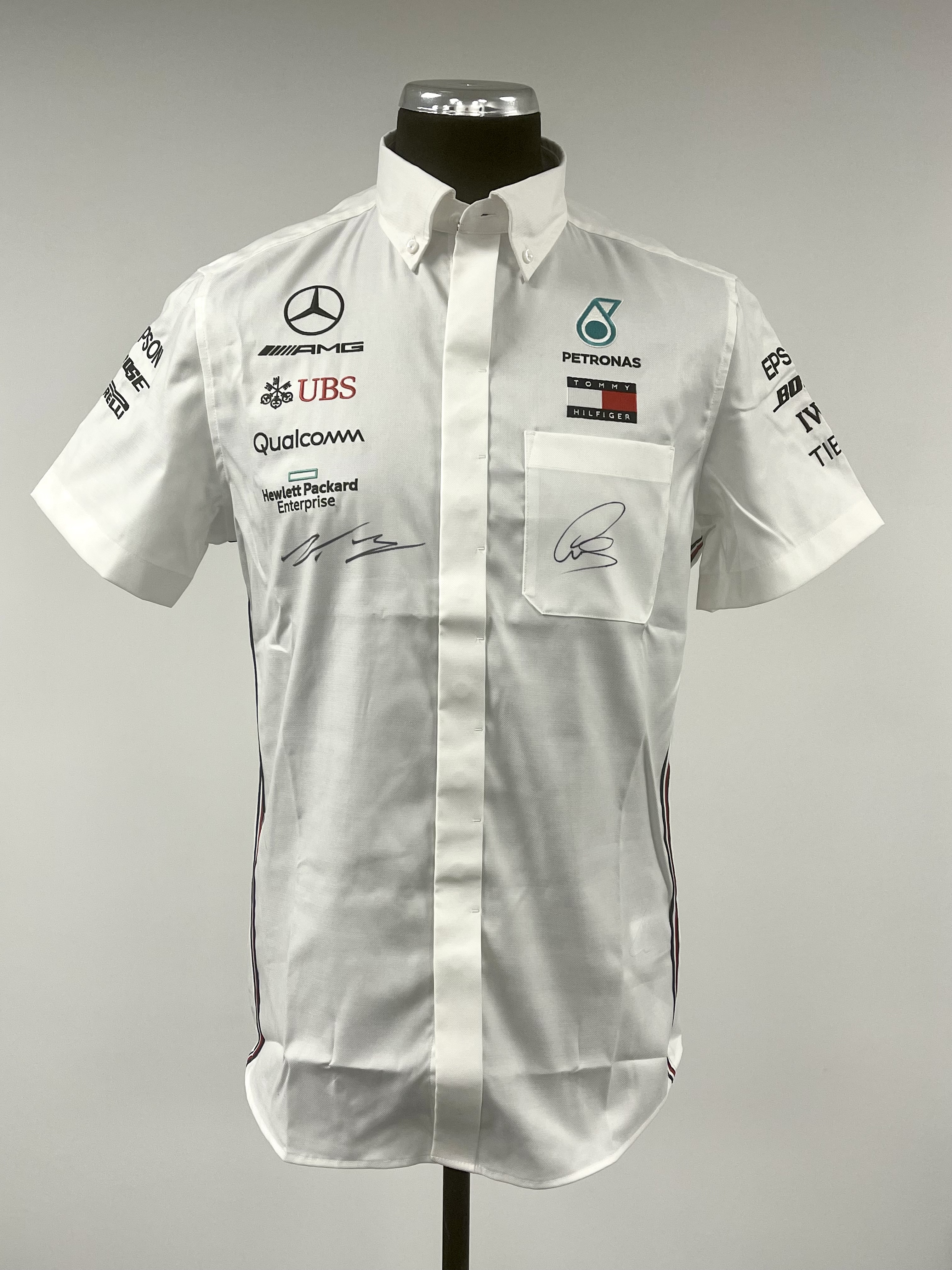 Lewis Hamilton and Valtteri Bottas signed white Mercedes Petronas F1 Tommy Hilfiger shirt, circa - Image 2 of 2