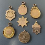 A miscellany of seven gold football medals, all in 9ct gold, four enamelled, all bearing