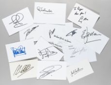 Collection of 14 F1 autographs, comprising Fernando Alonso, Alain Prost, Damon Hill, Jody Scheckter,