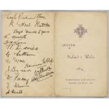 An autographed menu for the Ireland v Wales international football match 20th March 1909