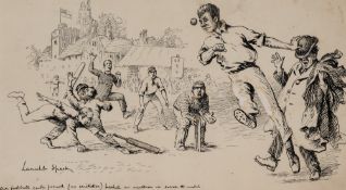 Lancelot Speed (British, 1860-1931) cricket match drawing titled "Our football centre forward (no