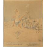 A 1934 German watercolour with a risqué scene of men ogling a female tennis player, signed with