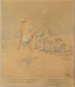 A 1934 German watercolour with a risqué scene of men ogling a female tennis player, signed with