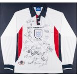 Squad-signed white England replica jersey, circa 1998, Umbro, long-sleeved with England three lion