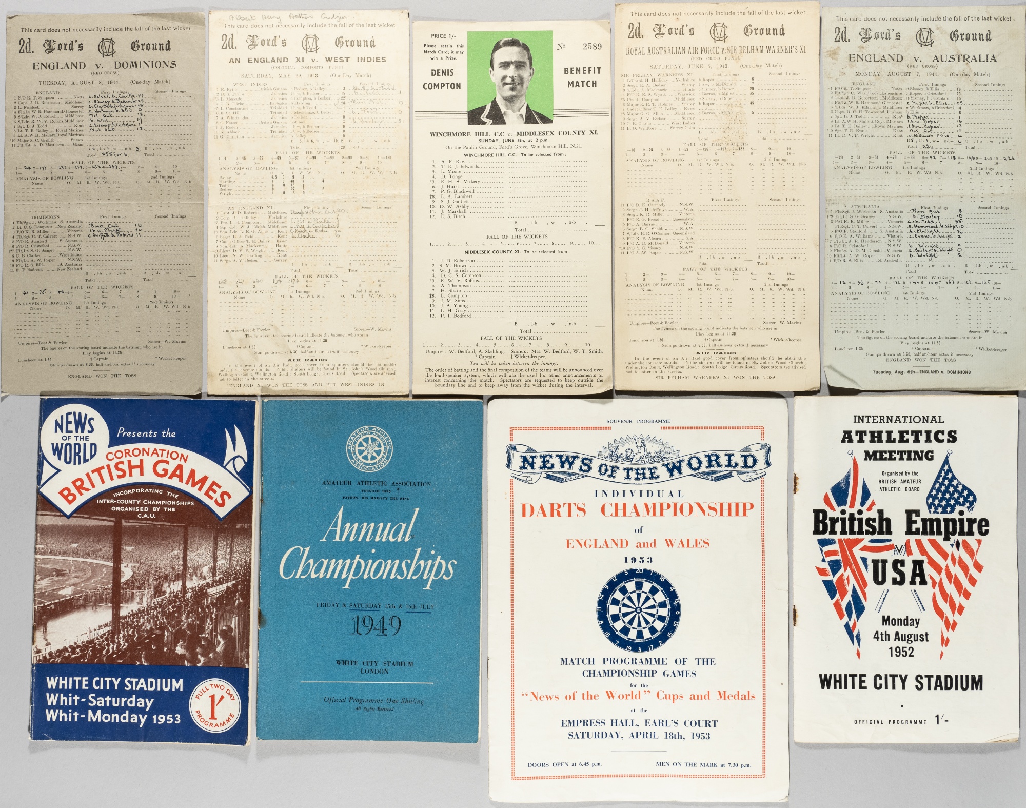 Cricket scorecards and other sports programmes, the scorecards including a number of wartime