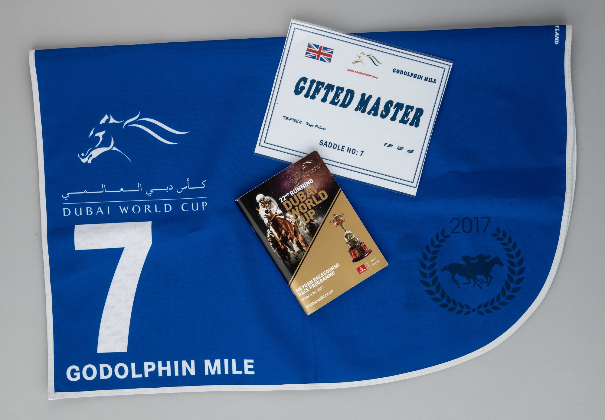 2017 Dubai World Cup meeting Godolphin Mile morning exercise number cloth for Hugo Palmer's runner