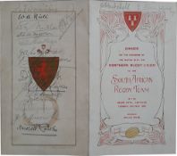 1906 South Africa “Springboks” Northern Rugby Union Tour dinner menu signed by 14 Springboks, Arthur
