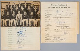 Official Australian cricket 1948 autographed team sheet, signed by all 18 tour party, includes