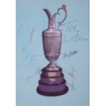 Golf, Official St Andrews 8 by 5.5in. postcard of the famous Claret Jug signed by seven past