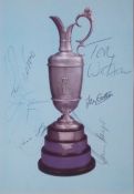 Golf, Official St Andrews 8 by 5.5in. postcard of the famous Claret Jug signed by seven past