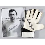 Gordon Banks signed 10 by 8in. photograph and goalkeeping glove, b&w photo signed in fine marker,
