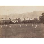 A rare and unusual photograph portraying a cricket match in Kobe, Japan, circa 1880, sepia tone 7.