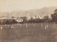 A rare and unusual photograph portraying a cricket match in Kobe, Japan, circa 1880, sepia tone 7.