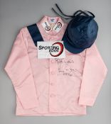 Tony McCoy signed racing silks, the colours of Corbett Stud, pink jacket with dark blue epaulets and