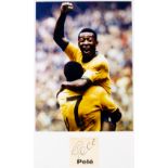 Pele signed colour photograph display, featuring Pele celebrating in Brazil kit, mounted above his