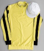 Bill Gredley racing silks,  lycra with quarter zip, yellow jacket with black striped sleeves, neck