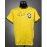 Pele signed yellow Brazil retro jersey,  Re-Take, short-sleeved with national emblem, signed in