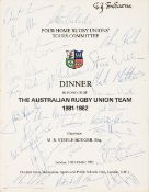 Signed Four Home Rugby Unions Tour Committee dinner menu held in honour of the Australian Rugby