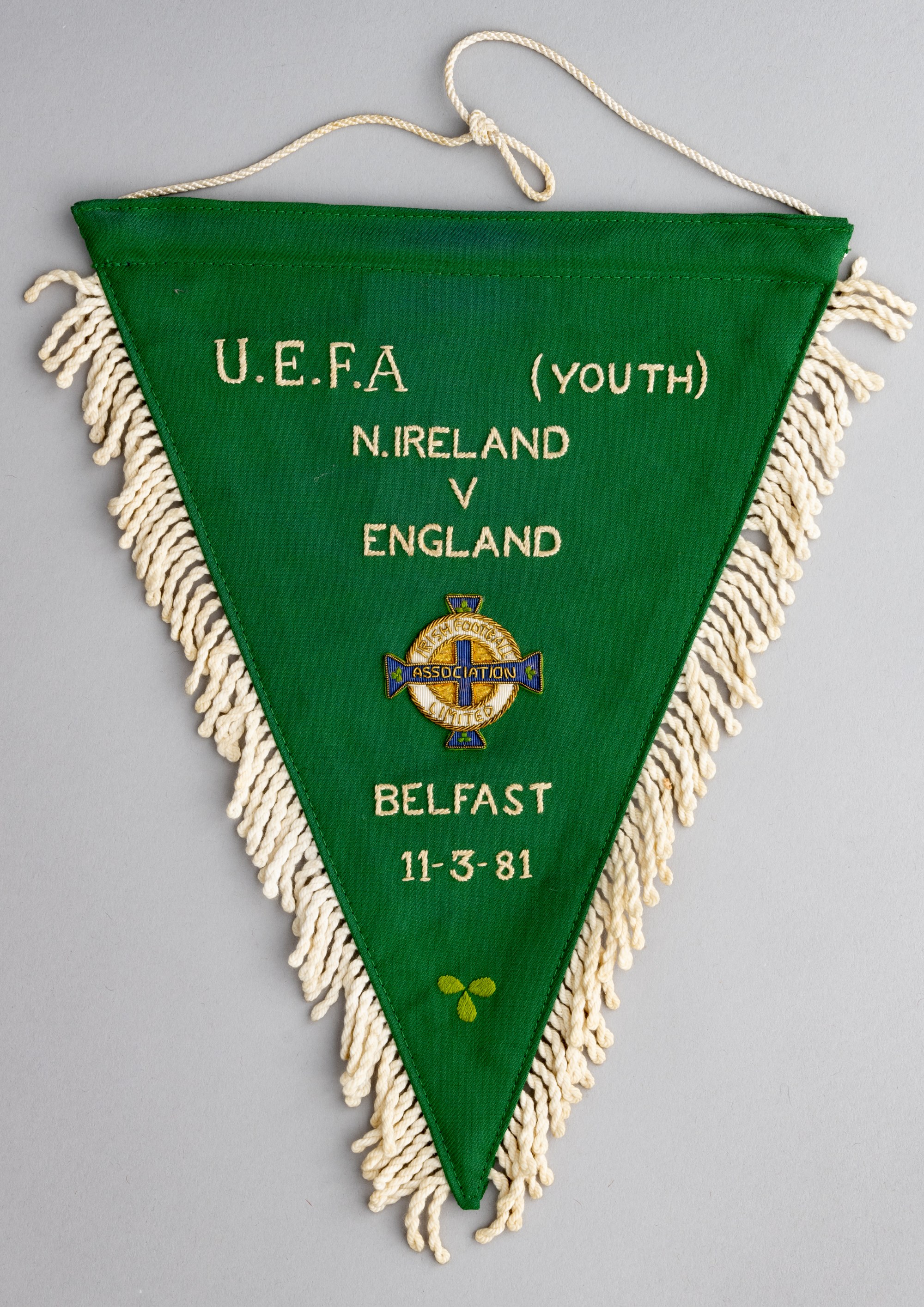A Northern Ireland pennant issued for the UEFA U-18 championship match v England, played in Belfast,